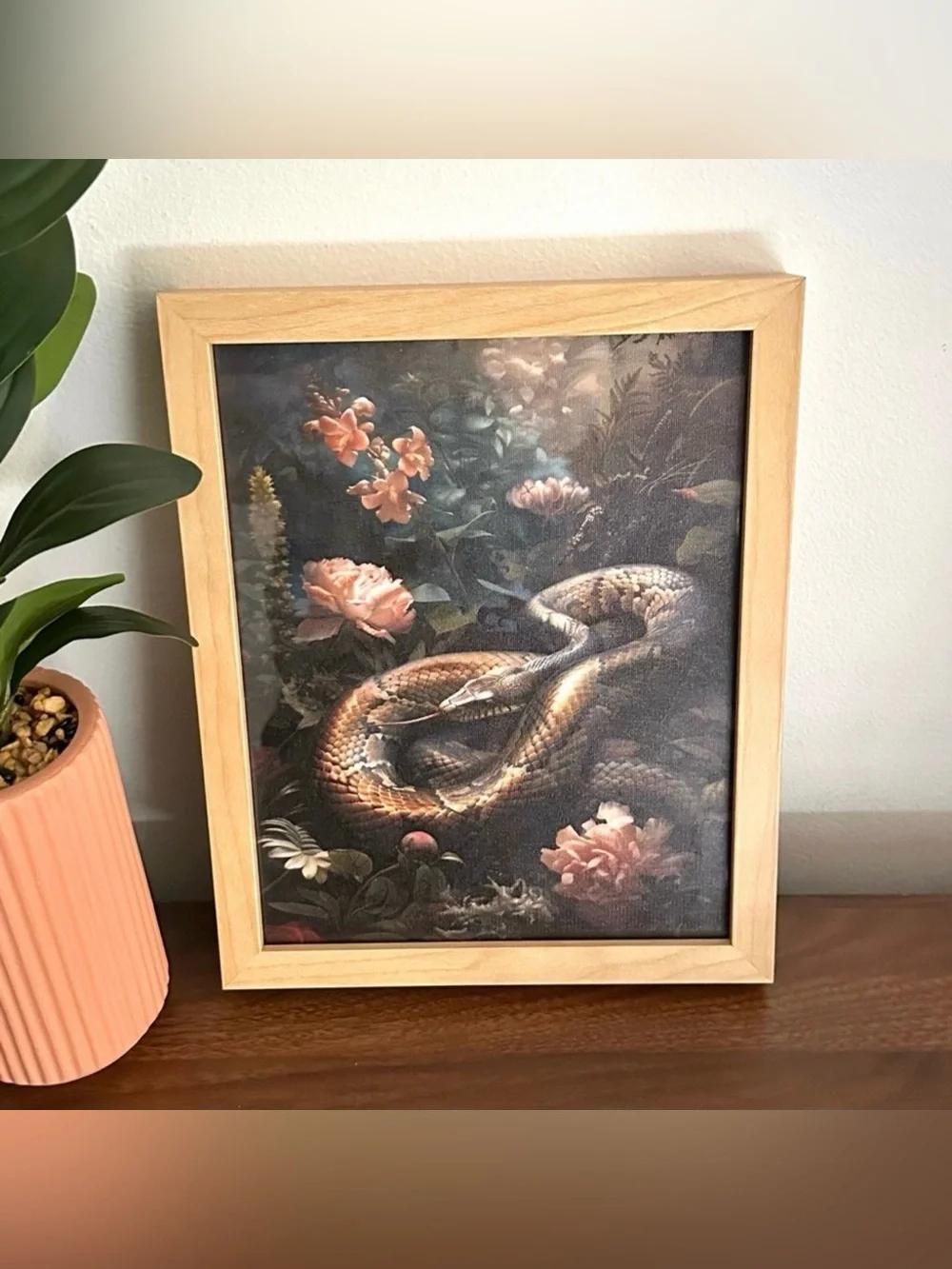 Dark Melancholy Snake in the Jungle Moody Floral Canvas Print Wood Framed Art